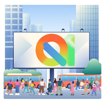 A large billboard with a colorful and vibrant brand logo is prominently displayed in a bustling city center. The logo features bold colors of orange, blue, and green, catching the attention of pedestrians and vehicles below. Surrounding the billboard, numerous tall buildings with glass facades reflect sunlight, while a crowd of diverse people walks by, some stopping to admire the advertisement. Several buses and cars are visible on the busy street, adding to the dynamic atmosphere of the city. Above, a clear blue sky completes the scene, making the billboard stand out even more.