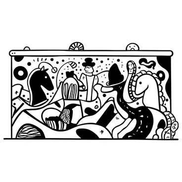 A black-and-white illustration of a large city wall covered in intricate graffiti. The mural prominently displays oversized chess pieces, including a king, queen, bishop, and knight, each designed with elaborate patterns and textures. Surrounding the chess pieces are abstract shapes and lines that flow around them, creating a sense of movement across the wall. The overall composition highlights the contrast between the bold chess pieces and the detailed graffiti background.