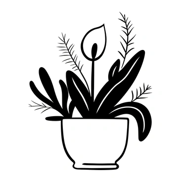 A peaceful scene featuring a ceramic pot containing a large, healthy peace lily with broad, glossy leaves. Surrounding the peace lily, several ferns with delicate, feathery fronds are arranged, creating a lush, green composition. The ceramic pot has a simple design, with smooth contours that complement the plants. The background includes subtle textures that enhance the focus on the plant arrangement.