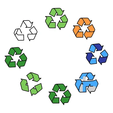 A collection of different recycling symbols, each depicted in vibrant colors and arranged in a circular pattern. The symbols include the classic three-arrow triangle, alongside variations such as the paper, plastic, and metal recycling icons. Each symbol is designed with bold lines and bright hues, creating an eye-catching contrast against a plain background. The overall composition forms a harmonious circular design that emphasizes the importance of recycling in a fun and engaging way.