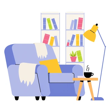 A cozy corner featuring a large, plush, light blue armchair with a fluffy white throw blanket draped over one arm. Next to the chair, there is a small round wooden side table with a steaming cup of coffee resting on it. The background showcases tall shelves filled with books of various sizes and colors, some stacked horizontally and others arranged vertically. A small potted plant sits on one of the shelves, adding a touch of greenery to the scene. A warm, inviting light glows from a standing lamp beside the chair, creating a comfortable reading nook.