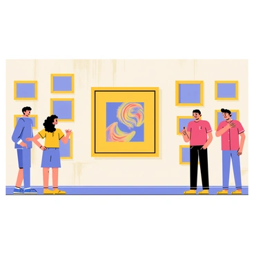 A gallery wall decorated with a variety of art pieces in different frames. One notable artwork, a colorful abstract piece with swirling patterns, stands out prominently at the center. Several curious onlookers, including a woman with curly hair wearing a blue dress and a man in a red shirt, are gathered around, gazing at the artwork with expressions of intrigue. The background features soft lighting that highlights the texture of the artwork and the wooden structure of the gallery wall.