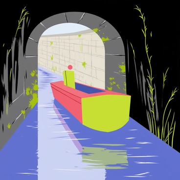 A narrowboat with a bright red and green exterior is gliding through a dark, arched tunnel. The canal water is calm and reflects the boat's colors, creating a vibrant contrast. The tunnel walls are made of rough, gray stone, with patches of moss and small plants growing in the crevices. Dappled light filters in from the entrance of the tunnel, illuminating the boat as it moves forward. The scene captures a sense of tranquility, with the stillness of the water enhancing the peaceful atmosphere.