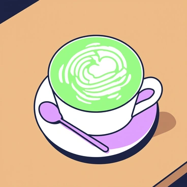 A latte in a white ceramic cup is placed on a wooden table. The surface of the latte features a detailed design resembling a peacock feather, with intricate lines and shapes. The latte has a creamy texture, and the design is created with green and purple swirls, giving it a vibrant appearance. The cup is accompanied by a small silver spoon resting on a matching saucer. Soft natural light casts gentle shadows on the table, highlighting the cup and its decorative design.