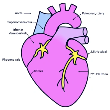 A close-up view of a human heart showing its detailed anatomy. The heart is depicted in a realistic manner, with clear labels pointing to the valves, including the aortic valve, mitral valve, tricuspid valve, and pulmonary valve. Major blood vessels are prominently displayed, including the aorta, superior vena cava, inferior vena cava, and pulmonary arteries. Each label is clearly marked, enhancing the educational aspect of the illustration.