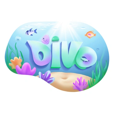 An underwater scene showcasing the words "dive" in bubble letters, colored in soft blue and green gradients. Surrounding the letters are various marine elements such as colorful coral reefs, schools of small fish swimming nearby, and gently swaying seaweed. Sunlight filters through the water's surface, creating a dappled light effect on the sandy ocean floor below.