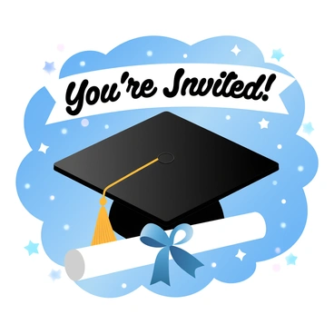 A graduation cap is placed prominently alongside a rolled diploma tied with a ribbon. The cap features a glossy black finish with a gold tassel hanging from one side. The background is filled with numerous stars of varying sizes, creating a deep, rich blue canvas that resembles a night sky. Tiny sparkles appear throughout the background, adding a sense of celebration. A large banner in an elegant font displays the words "You're Invited!" above the cap and diploma.