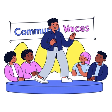 A parolee stands on a stage at a community event, confidently addressing an audience. The individual is wearing a smart casual outfit, consisting of a dark blue button-up shirt and light grey trousers. Their expression is determined and hopeful, with a slight smile. In the background, there is a banner with the words "Community Voices" in bold letters. A small group of people in the audience listens attentively, some nodding in understanding. The setting is well-lit, with warm colors that create an inviting atmosphere.