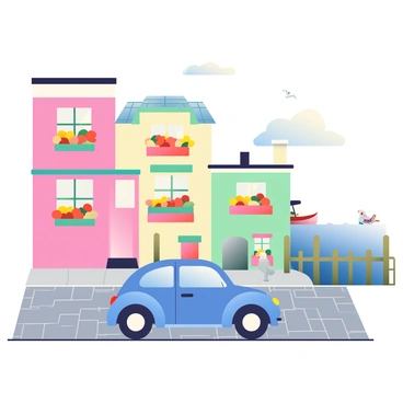 A blue VW Beetle is parked on a cobblestone street in a quaint seaside village. The car is facing towards a row of colorful, two-story houses with flower boxes under the windows, featuring bright red and yellow flowers. In the background, there are small fishing boats gently bobbing in the water of the nearby harbor, reflecting the sunlight. A seagull is perched on the edge of a wooden fence nearby, adding to the coastal atmosphere. Soft clouds are drifting in the sky, completing the picturesque scene of the village.
