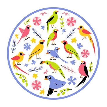 A circular mandala composed of intricate patterns and shapes. The mandala showcases a variety of exotic birds, each depicted with vibrant plumage in bright colors such as red, blue, green, and yellow. The birds are arranged symmetrically, creating a harmonious design. Each bird is illustrated with detailed feathers, large eyes, and distinct beaks. Surrounding the birds are decorative elements like leaves and flowers that complement the colorful scene. The overall composition is balanced and visually engaging.