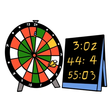 A scoreboard with a digital display showing current scores is placed next to a classic round dartboard. The dartboard features vibrant red, green, and white segments that create a striking contrast with the dark background. Darts are visible, with a few stuck in the board, indicating an ongoing game. The scoreboard has a sleek design with bright numbers, highlighting the competitive atmosphere of the game. The overall scene is set in a well-lit room, emphasizing the fun of playing darts.