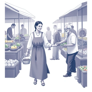 A woman named "Kartini" is walking through a traditional market bustling with activity. She is dressed in traditional attire, interacting with various local vendors. Stalls filled with fresh produce, textiles, and handmade crafts surround her. "Kartini" is smiling as she examines colorful fruits displayed on a wooden table. A vendor, an older man with a welcoming expression, is handing her a small basket filled with goods. The market atmosphere is lively, with other shoppers and vendors engaged in conversations. The scene captures the essence of a vibrant community marketplace.