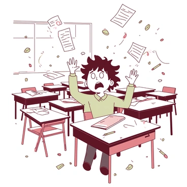 A student with messy hair and wide eyes sits at a cluttered desk in a chaotic classroom. Papers are flying around the room, some swirling in the air while others are scattered on the floor. Random objects like pencils and erasers are also airborne. The student is looking bewildered, with their hands raised slightly as if trying to shield themselves from the chaos. Desks and chairs are in disarray around them, adding to the overall sense of disorder.