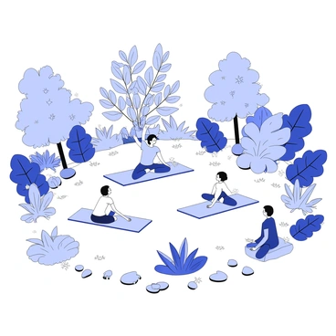 A peaceful scene with characters practicing yoga in a tranquil garden surrounded by nature.