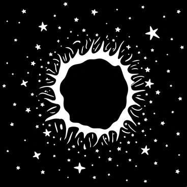 A black-and-white illustration of a night sky filled with numerous stars scattered across the canvas. The center of the sky appears to be torn open, creating a jagged edge that reveals a swirling cosmic void. The void is depicted with swirling patterns, giving it a dynamic and fluid appearance. Surrounding the void, the stars appear to be more concentrated, accentuating the contrast between the cosmic void and the surrounding night sky.