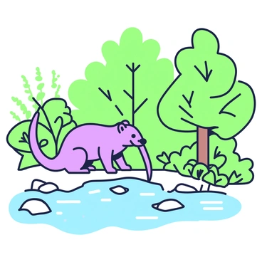 A pine marten is crouched down at the edge of a crystal-clear forest stream, its fur glistening in the light. The animal is leaning forward, with its tongue extended to drink the water. Surrounding the stream, there are smooth stones nestled in the bank, and lush green foliage creates a dense backdrop. A few small ferns are emerging from the ground nearby, adding to the natural setting. The surface of the water reflects the greenery and the nearby trees, creating a serene atmosphere in the forest.