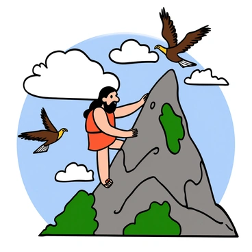 Gilgamesh climbing a sacred mountain, with clouds and eagles surrounding him.