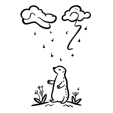 A prairie dog standing upright on a patch of grass, its small body tense and alert. The prairie dog's fur is detailed with multiple strands, and its tiny paws are positioned by its sides. Above the prairie dog, dark clouds gather ominously, swirling together as the distant thunderstorm approaches. A few raindrops begin to fall around the prairie dog, creating small splashes on the ground. The landscape around it features tufts of grass and scattered wildflowers, emphasizing the prairie setting.