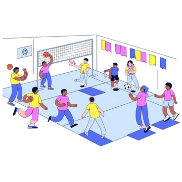 A gymnasium filled with students actively participating in different sports activities. On the left, a group of children is playing basketball, with one student dribbling the ball while others are positioned to catch a pass. In the center, two students are engaging in a game of volleyball, with the ball soaring above the net. To the right, a pair of students are practicing their soccer skills, with one kicking the ball towards a goal. The gym has colorful banners hanging on the walls and gym mats scattered around for safety.