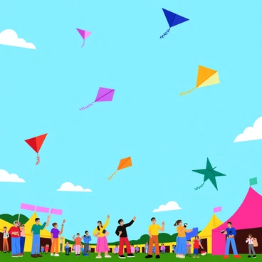 A sky filled with solid colored kites of various shapes and sizes soaring high above a vibrant kite festival. The kites include a bright red diamond kite, a sunny yellow box kite, a deep blue butterfly kite, and a vivid green delta kite, all displaying their bold colors against a clear blue sky. Below, spectators of all ages are smiling and pointing, capturing the moment with their cameras. Colorful banners and tents are set up on the ground, adding to the festive atmosphere. The sunlight illuminates the scene, making the colors of the kites pop vividly.