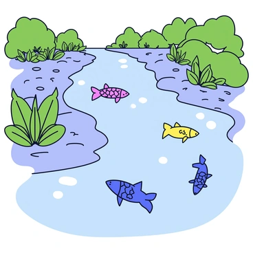 A clear and flowing river with a variety of native fish swimming among lush aquatic plants. The fish include colorful species like a bright blue fish and a yellow fish, showcasing their vibrant scales. The riverbed is covered with smooth pebbles, and sunlight filters through the surface of the water, creating dappled light patterns below. Surrounding the river are green trees and bushes, indicating a healthy ecosystem.
