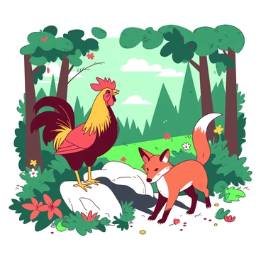 A red rooster with bright feathers stands on a large rock, its beak open as it sings melodiously. Next to the rooster, a sly orange fox performs an elegant dance, its tail swaying gracefully behind it. Surrounding them is a lush green forest filled with tall trees and colorful flowers. The ground is covered with fallen leaves, adding texture to the forest floor. Sunlight filters through the leaves, casting playful shadows on the scene, while small woodland creatures watch in delight from their hiding spots.