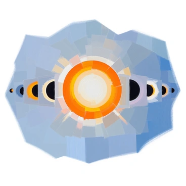 A series of images capturing the various stages of a solar eclipse. The first image shows the sun partially obscured by the moon, with a bright ring of sunlight visible on the edges. The second image depicts the moon moving further in front of the sun, creating a crescent shape. In the third image, the sun is nearly fully covered, with only a thin sliver of light shining through. The fourth image presents the moment of totality, where the sun is completely blocked by the moon, with a halo of solar corona visible around the edges. The final image shows the moon moving away, revealing the sun as a bright orb once again. Each image is set against a clear blue sky, emphasizing the contrast between the celestial bodies.