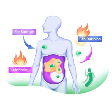 An illustration showing the human body with highlighted areas indicating fat storage and burning processes. The body is depicted in a side view, showcasing layers of fat beneath the skin in various colors. Arrows indicate the movement of fat being released and used for energy. There are visual representations of fat cells, depicted as small circles, in the storage areas, while dynamic flames symbolize the burning of fat in muscular regions. Accompanying labels illustrate the terms "Fat Storage" and "Fat Burning" in clear, bold lettering.