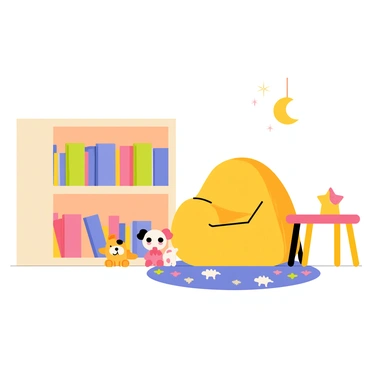 A nursery corner featuring a small wooden bookshelf filled with colorful children's books. The bookshelf is situated next to a soft, plush bean bag chair in a bright, inviting color. There is a whimsical rug on the floor with patterns of animals, adding a playful element to the space. A gentle nightlight shaped like a star sits on a nearby table, casting a warm glow. A few stuffed animals are scattered around the bean bag chair, creating a cozy atmosphere for reading.