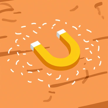 A collection of fine iron filings spreads out, creating intricate and delicate patterns around a shiny horseshoe magnet. The magnet is positioned at the center, with its curved arms facing upward. The wooden table has a rich texture, showcasing visible grains and knots in warm brown tones. The iron filings are scattered, some clumping together, while others form wispy trails that radiate outward from the magnet, highlighting the magnetic field at play. Soft natural light casts gentle shadows, enhancing the three-dimensional effect of the filings and the magnet.
