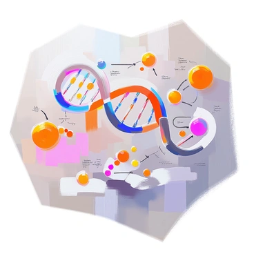 A detailed illustration showing the process of DNA replication with enzymes involved. "Helicase" is depicted unwinding the double helix structure of DNA, creating two single strands. Nearby, "DNA polymerase" is shown synthesizing a new strand of DNA by adding nucleotides complementary to the template strand. Additional visual elements include the representation of the DNA base pairs and a dynamic depiction of the replication fork. The surrounding area features molecular details that enhance the visualization of the intricate biological process.