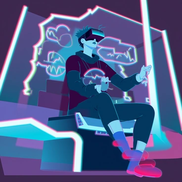 A gamer with short, messy hair and wearing a black VR headset is sitting on a futuristic gaming chair. The room around them is dimly lit, illuminated by vibrant LED lights that cast colorful reflections on the walls. The gamer is focused, with their hands gesturing as if interacting with a digital interface. They are wearing a sleek, high-tech outfit with glowing patterns that correspond to the virtual environment. Various holographic elements are projected in front of them, depicting landscapes and creatures from the virtual reality adventure they are engaged in.