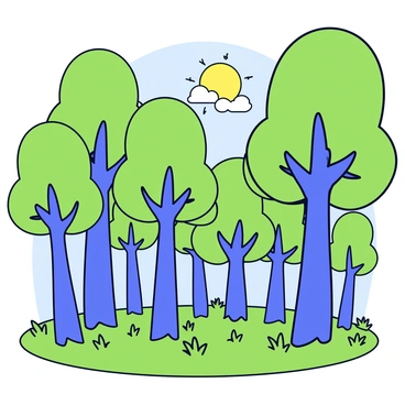 A dense forest filled with tall, vibrant green trees with thick trunks and a variety of leafy canopies. The ground is covered in a lush carpet of grass and small plants. Sunlight filters through the leaves, casting dappled shadows on the forest floor. In the air, there are subtle hints of the carbon dioxide being absorbed by the trees. The scene conveys a sense of harmony and balance in nature.