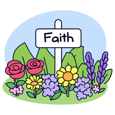 A blooming garden filled with various colorful flowers such as red roses, yellow daisies, and purple lavender. In the center of the garden stands a wooden signpost, painted white, with the word "Faith" clearly written in bold, dark letters. The background features green foliage and a blue sky, creating a vibrant and lively atmosphere.