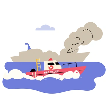 A fire rescue boat with bright red and white colors is speeding across the blue water, creating splashes as it cuts through the waves. The boat has a tall ladder and firefighting equipment visible on its deck. In the distance, a large ship is partially obscured by thick gray smoke billowing into the sky. The smoke has a swirling pattern, indicating the urgency of the situation. The background features a clear sky with a few scattered clouds, emphasizing the dramatic scene unfolding on the water.