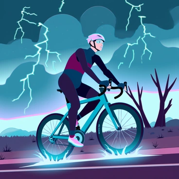A cyclist struggling against a gnarly storm on a deserted road