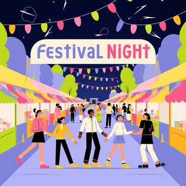 A lively street festival at night featuring a bustling atmosphere. The scene is illuminated by colorful string lights hanging above the crowd. Several food stalls with vibrant banners are positioned along the street, each displaying a variety of delectable treats. People of all ages are dancing joyfully in the center of the festival, with some wearing festive costumes. In the background, a large banner reads "Festival Night" in bold, colorful letters, adding to the excitement of the event.