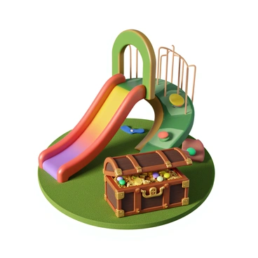 A children's playground slide constructed from flowing currency, with vibrant notes cascading down in various colors. The slide has a smooth, curving shape, inviting children to play. At the bottom of the slide, there is a large, ornate treasure chest made of polished wood and adorned with intricate golden accents. The chest is slightly open, revealing a gleaming assortment of colorful gems and gold coins spilling out. The surrounding area of the playground features soft grass and brightly colored play equipment.