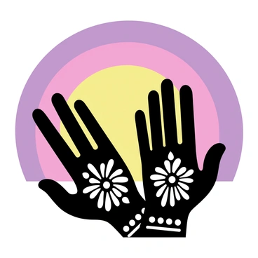 A silhouette of two hands with intricate mehendi designs is positioned prominently in the foreground. The mehendi designs feature elaborate floral patterns and geometric shapes covering the palms and extending up to the wrists. In the background, a vivid sunset radiates warm hues of orange, pink, and purple, creating a striking contrast against the darkened silhouette of the hands. The scene captures the elegance of the mehendi art against the colorful sky, highlighting the beauty of both elements.