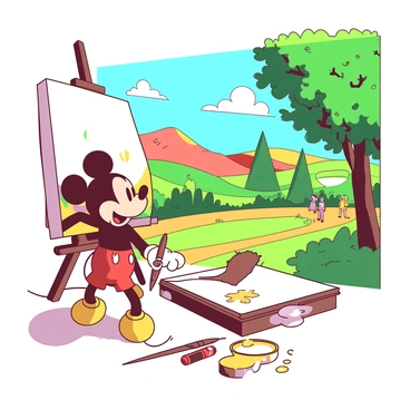 Mickey Mouse painting a colorful landscape on a canvas in a sunny park.