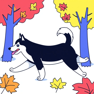 A husky with thick fur in shades of black and white is walking through a forest. The ground is covered with colorful autumn leaves in hues of red, orange, and yellow. Tall trees with vibrant foliage surround the husky, their branches extending overhead. Sunlight filters through the leaves, casting dappled shadows on the forest floor. The husky has alert blue eyes, and its tongue is slightly out as it strolls amidst the scenic autumn backdrop.