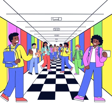 A busy high school hallway with bright, colorful lockers on both sides. The lockers are painted in various shades such as red, blue, green, and yellow. Students with backpacks are walking through the hallway, chatting and laughing. Some students are leaning against the lockers exchanging notes, while others are gathered in small groups discussing their classes. The floor is tiled in a checkered pattern with black and white squares. Bright overhead lights illuminate the scene, adding to the vibrant atmosphere.