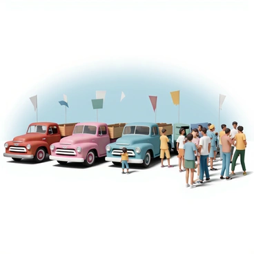 A lineup of vintage trucks, painted in vibrant colors like red, blue, and green, parked in neat rows at an outdoor auction. Each truck displays unique characteristics, such as chrome bumpers, wooden beds, and retro designs. In the foreground, a diverse crowd of bidders, including men and women of various ages, is inspecting the trucks. Some are taking notes, while others are discussing amongst themselves. A few people are pointing at specific trucks, showcasing their enthusiasm. The background features a clear blue sky and banners fluttering in the gentle breeze, highlighting the auction event.