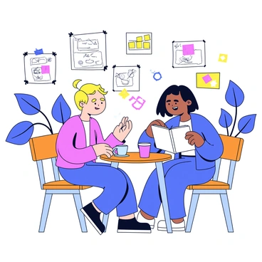 An author and an illustrator are seated at a small wooden table in a cozy café. The author has a notepad filled with handwritten notes, while the illustrator has a sketchbook open, displaying various pencil sketches. Around them, scattered papers and colorful post-it notes create a lively atmosphere. Soft light from a nearby window highlights the focused expressions on their faces as they share ideas. The café has a warm ambiance, with plants in the background and a coffee cup steaming beside them on the table.