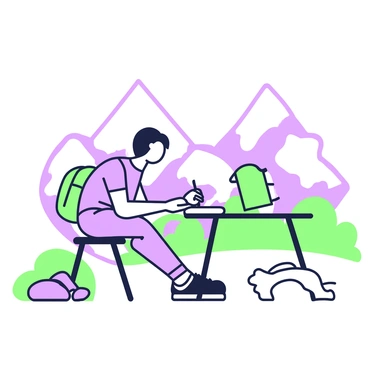 A student is sitting at a wooden desk on a mountaintop, taking an exam. The student has short hair and is wearing a casual t-shirt and jeans. The exam paper is spread out in front of them, with a pencil poised in their right hand. In the background, majestic mountains stretch across the horizon, while the sky above is clear and expansive. The student is focused on their work, with a small backpack resting against the desk. To the side, a few scattered rocks create a natural seating area, further emphasizing the remote setting.