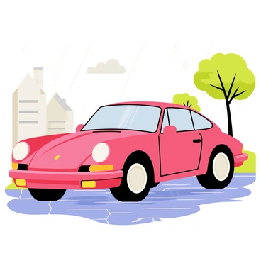 A sleek red Porsche 911 parked on a cobblestone street. The car is glistening from the light rain, with raindrops visible on its smooth surface. Puddles have formed on the ground, reflecting the vibrant colors of the car and the surrounding buildings. A few trees with green leaves are in the background, and soft gray clouds fill the sky. The street is empty, emphasizing the beauty of the car amidst the gentle rainfall.