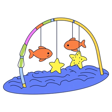 A sea-themed baby gym featuring a colorful arch frame. Hanging from the arch are various toys, including bright orange fish and yellow starfish, each attached with strings. The fish have smiling faces and are made from soft materials. The starfish toys have textured surfaces. The gym is placed on a textured blue mat that resembles ocean waves.