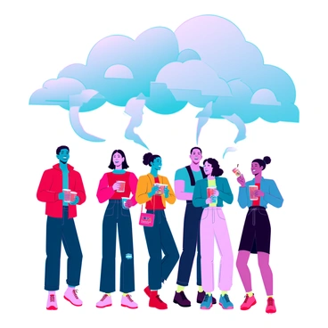 A vibrant scene featuring a diverse group of people of various ethnicities and ages, joyfully interacting with each other. There are individuals smiling and laughing, some engaged in conversation, while others are sharing food and drinks. They are dressed in colorful clothing, creating a striking contrast against the backdrop of gray clouds overhead. The gray clouds billow ominously, representing an abstract manifestation of hatred, yet the warmth and energy of the people vibrantly shine through, highlighting unity and resilience amid adversity.