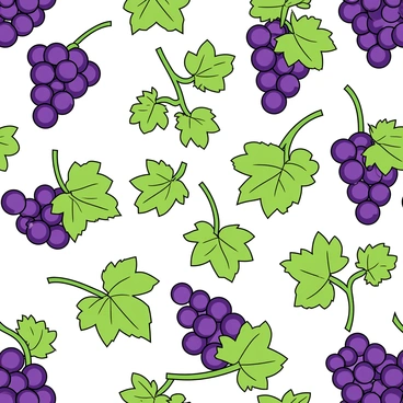 A decorative pattern featuring a series of grapes clustered together, with each grape depicted in a rich purple hue. Interspersed among the grapes are vibrant green leaves, each with distinct serrated edges. The leaves vary in size and orientation, adding depth to the overall composition. The background has a subtle texture that enhances the visual appeal of the repeating motifs, creating an engaging and colorful design. Each element is carefully arranged to maintain a harmonious flow throughout the pattern.