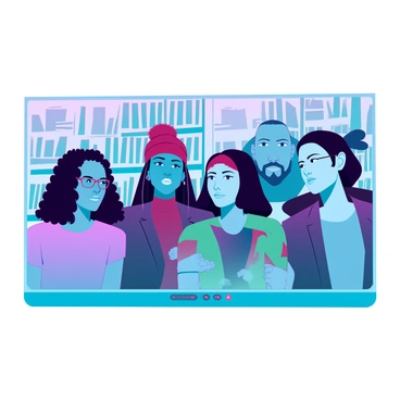 A group of five diverse participants on a video call. Each person is portrayed in a close-up view, showing their focused expressions. One participant has short curly hair and wears glasses, while another has long straight hair and a headscarf. The third participant has a beard and is dressed in a blazer, and the fourth has a buzz cut and is wearing a casual t-shirt. The fifth participant has medium-length hair tied back and is wearing a colorful top. The background of each participant includes elements that hint at their environment, like bookshelves or plants. Each person's face is illuminated by the glow of their screens, emphasizing their expressions of determination as they engage in a serious discussion about important social issues. "Determination" is subtly visible in their focused gazes.